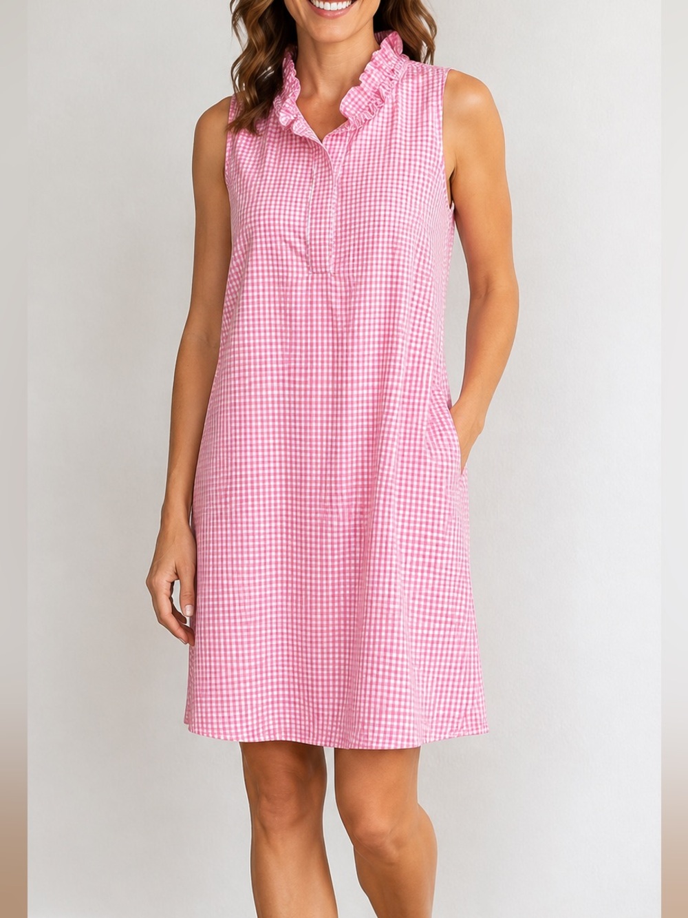 Haley and The Hound Women Size L Pink Gingham Dress Ruffle Stand Neck Sleeveless
